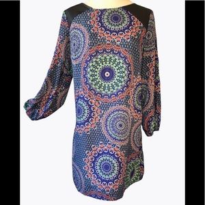 NWOT- XHILARATION SHIFT DRESS, FAUX LEATHER SHOULDERS, GEOMETRIC CIRCLE …